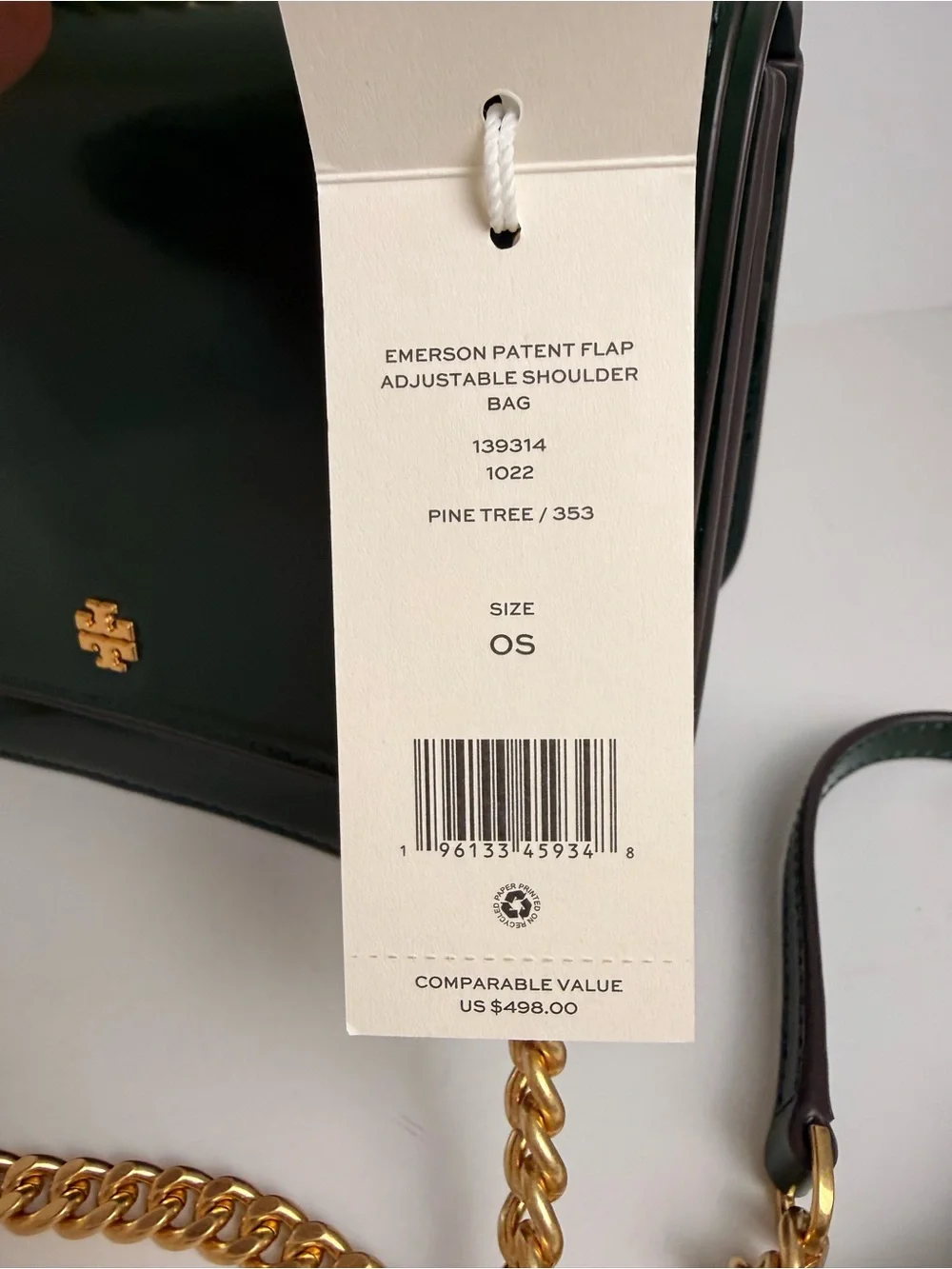 Tory Burch Emerson Patent Flap Adjustable Shoulder Bag Pine Tree Green / Gold